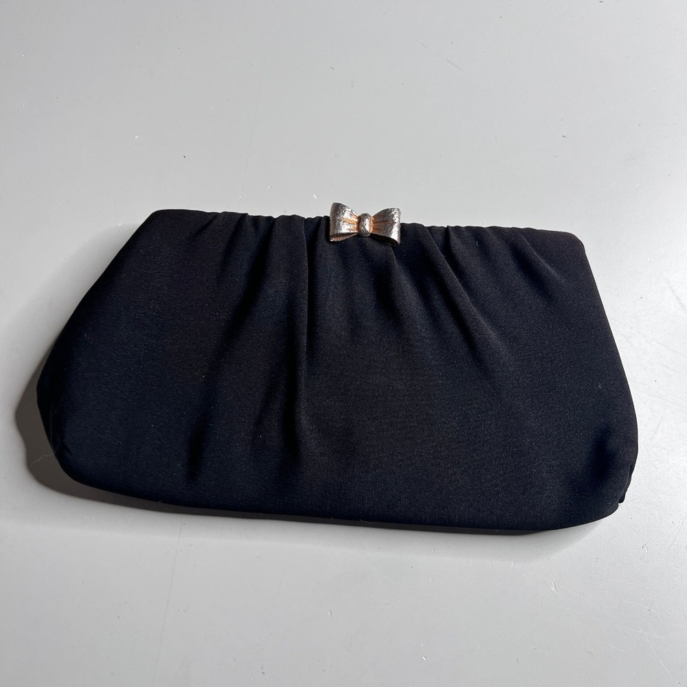 Vintage Black Fabric Evening Clutch Bag Silver Bow Clasp Pink Lining Made in USA